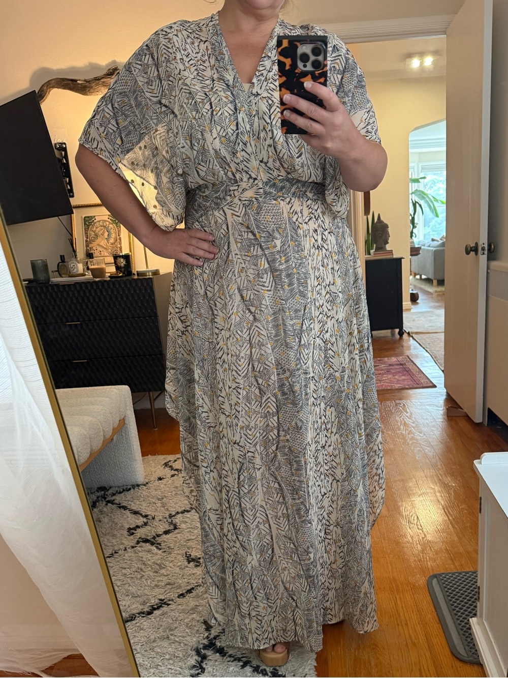 Flowy Printed Grecian Style Maxi Dress with Gold Accents
